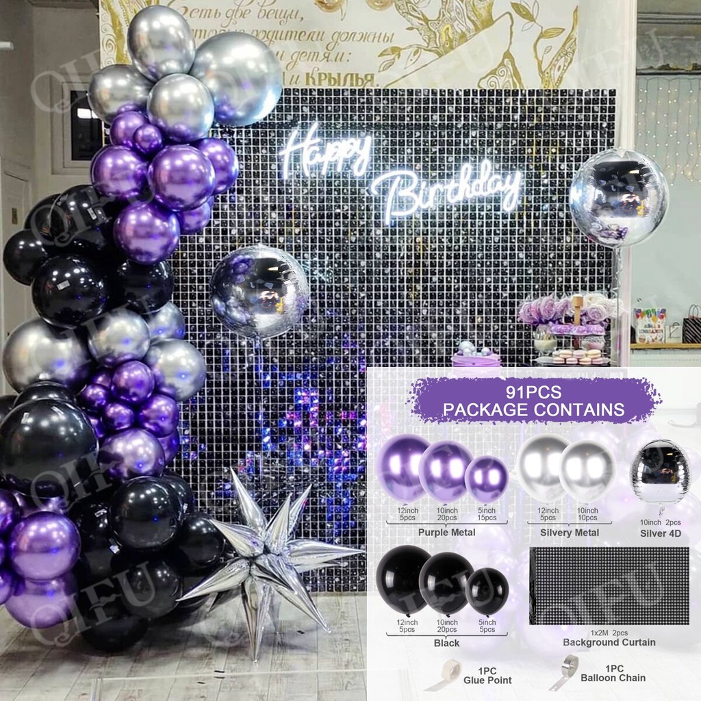 85pcs Metallic Chrome Black Purple Balloon Garland Arch Kit Birthday