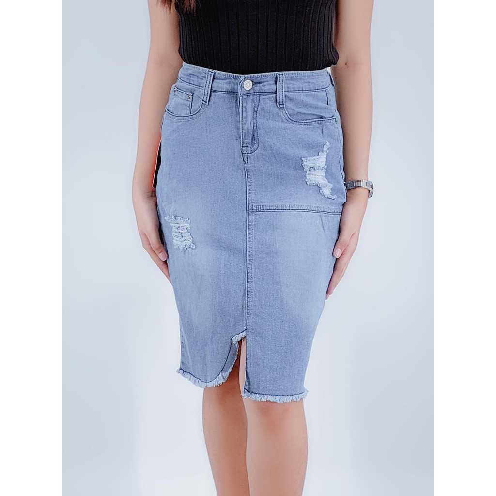 YourFans Denim high waist light blue tattered long skirts burrs maong ...