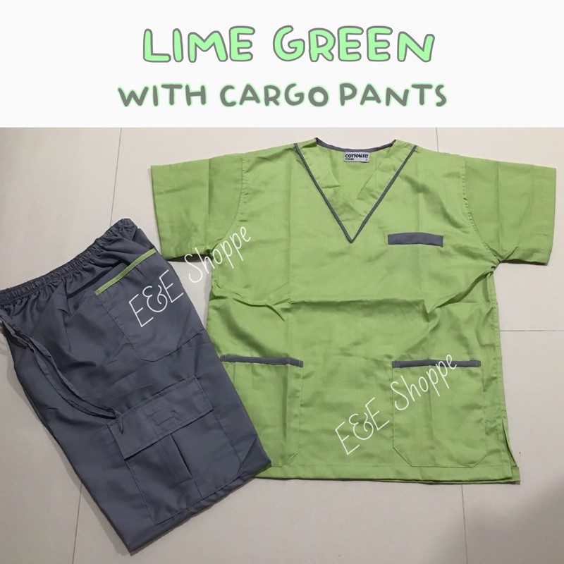 SCRUB SUIT SetUNISEX (LIME GREENPiping with CARGO pants) Shopee
