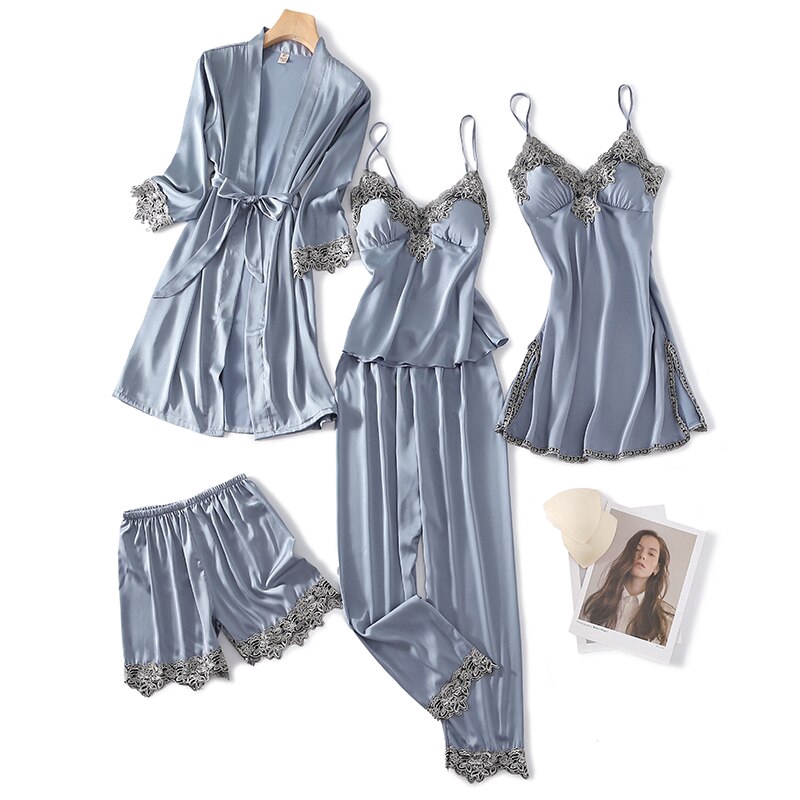 Ready Stock 5 Pieces Ladies Sexy Sleepwear Silk Satin NIghtwear Lace Lingerie Set Fashion