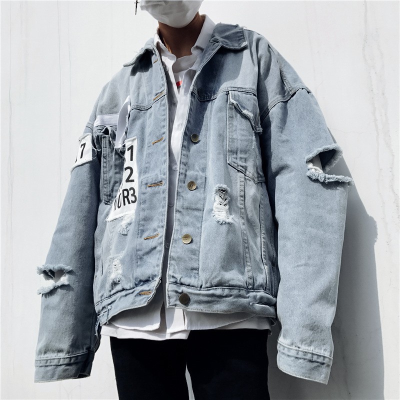 Plus Size Denim Jacket Patches Hole Ripped Denim Jacket Men Shopee Philippines