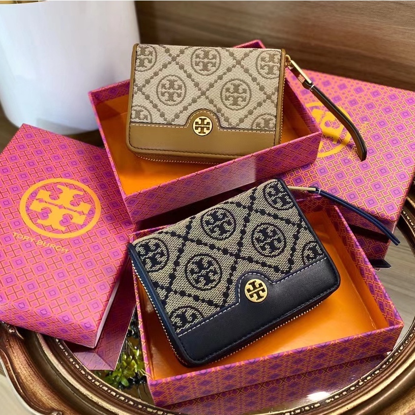 Most Welcome！！】Tory Burch Lady's 2022 Most Welcome T Monogram Two Colors  Jacquard Logo+Cow Leather Zipper Wallet Pouch | Shopee Philippines