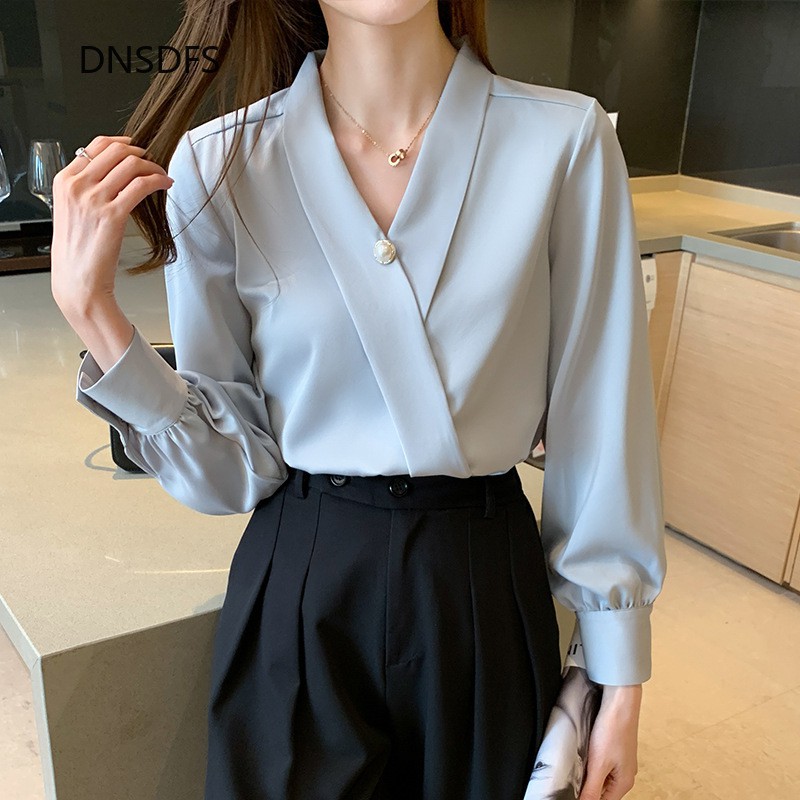Satin Shirt Women Blouses Korean Fashion Clothing Work Office V Neck Shirts  Female Light Blue Long | Shopee Philippines