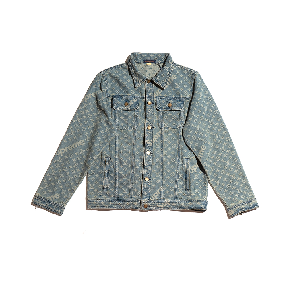 denim jacket with gray sleeves