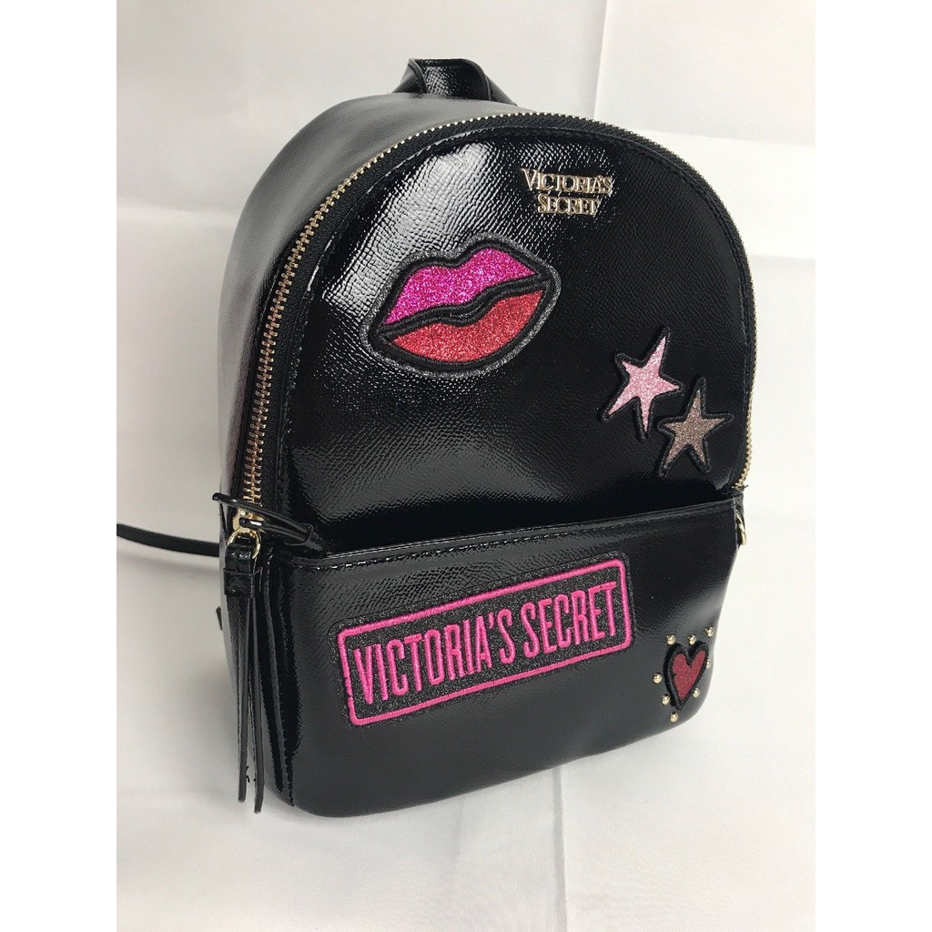 Victory Secret Patch Small City Backpack Hand Bag Black nwt 