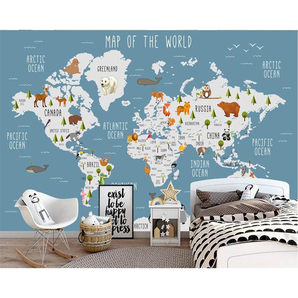 Custom Cartoon World Map Background Wallpaper Children Room Study