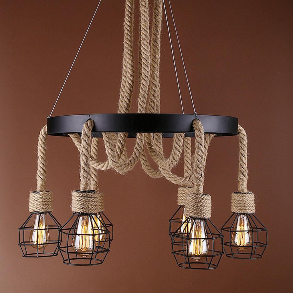 6 Lights Vintage Hemp Rope Chandelier Ceiling Fixture Pendant Cage ...