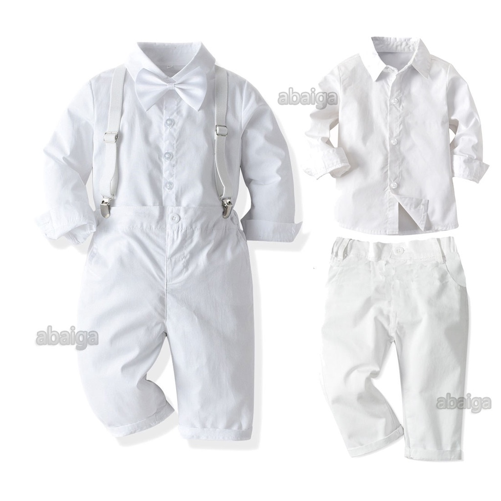 Baptismal Baby Boy White Shirt Pants Set Gentleman Tuxedo Suspenders Trousers Suit Christening