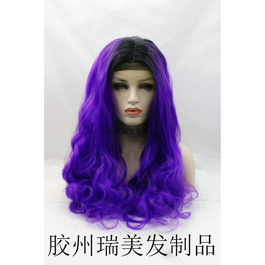 Long Curly Wavy Ombre Purple Dark Root Lace Front Wig Synthetic Hair Women Wigs