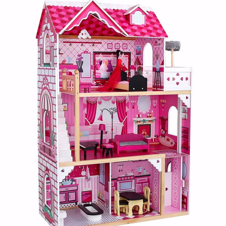 wooden dollhouse with elevator