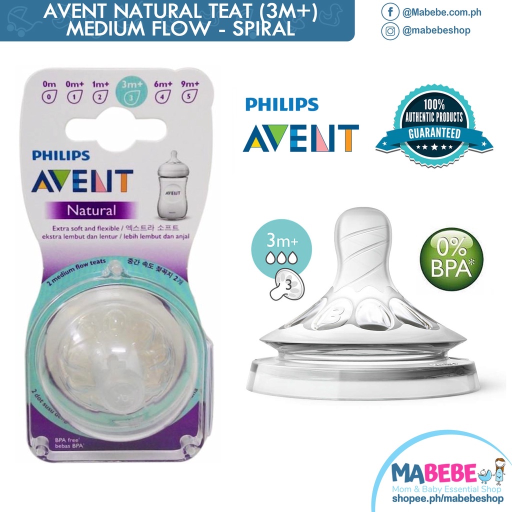 Philips Avent Natural Nipples Teats Medium Flow 2pcs Pack 3m Spiral