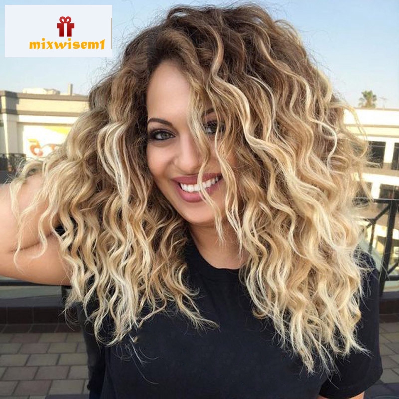 M Women Blonde Short Curly Wig Synthetic Curly Wavy Hair He