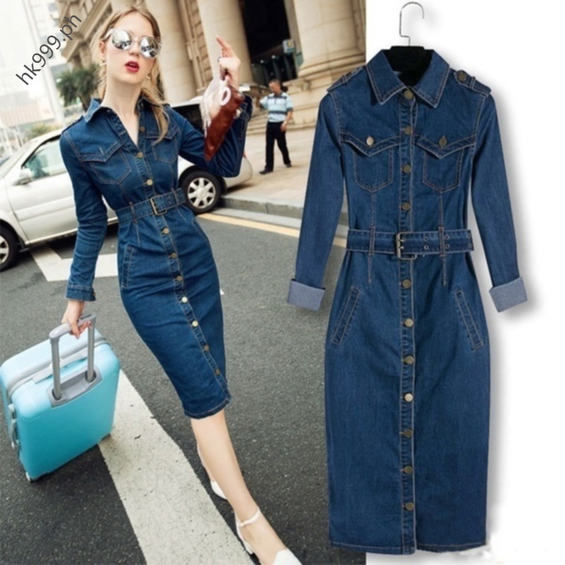 Women Dress Turndown Collar Jeans Dresses Autumn Winter Casual Long Sleeve  Ladies Elegant Denim Dresses | Shopee Philippines