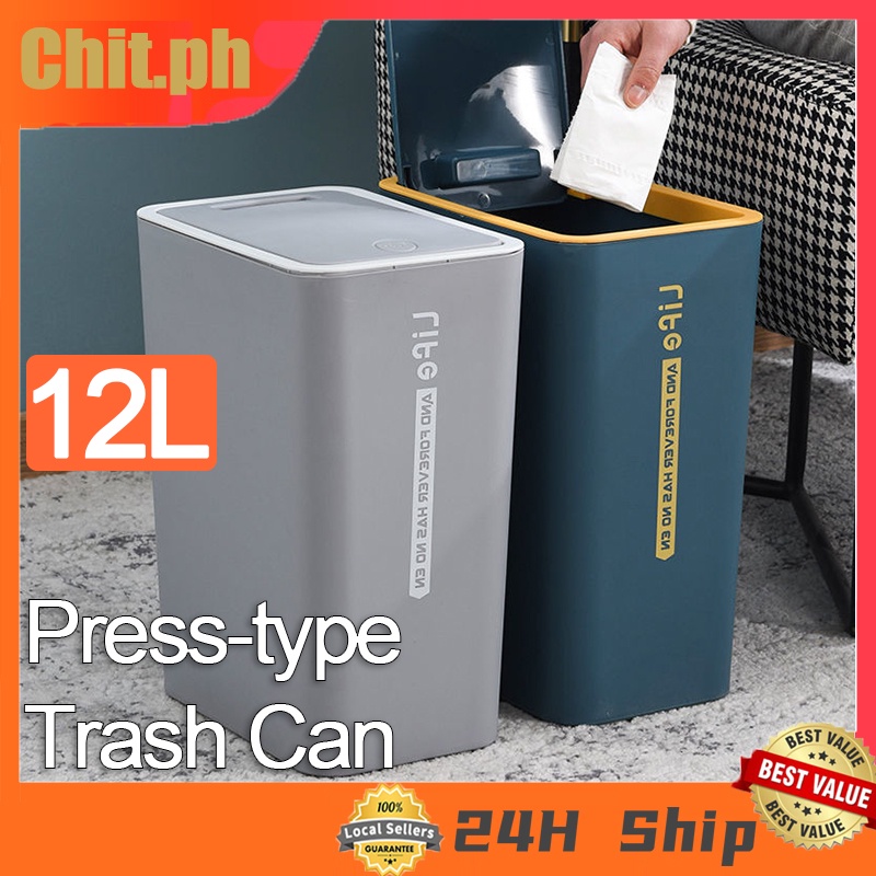12L Nordic Press-type Trash Can with Lid Trash Bin for Kitchen Garbage Container Bin for Bathroom