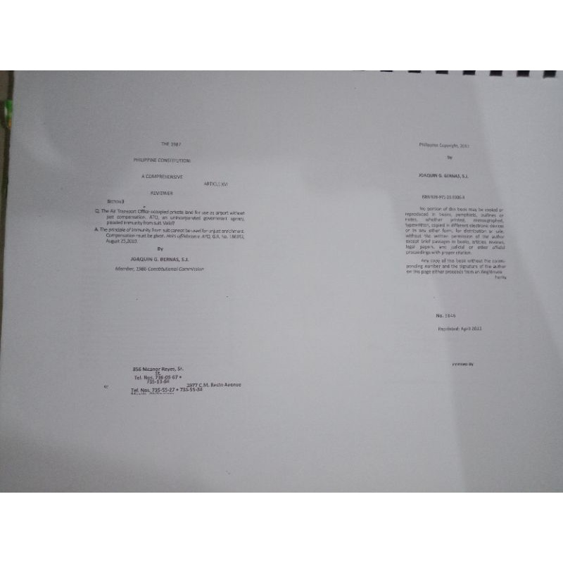 Philippine Constitution Comprehensive Reviewer Reprinted 2012 by Bernas (Photocopy and bind)