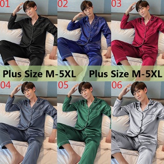 Men's Plus Size M-5XL Silk Satin Pyjamas Set Boys Male Baju Tidur Home Wear Suits Long Sleeve Solid Color leepwear Pajama Nightwear Suit