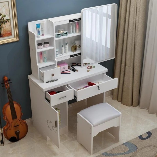 Modern Dressing Table Stool Bedroom Vanity Set Makeup Drawer Lock Desk With Mirror And 4 Drawers Shopee Philippines