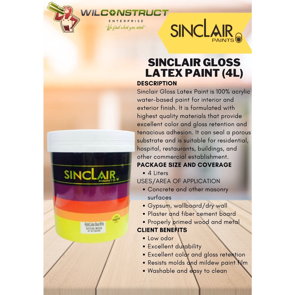 SINCLAIR GLOSS LATEX PAINT (4L) GLOSS LATEX WHITE Shopee Philippines