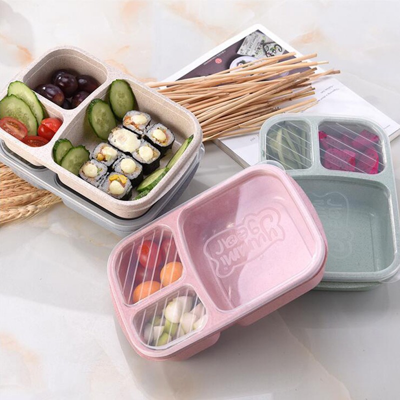 3 Grids Wheat Straw Lunch Box With Lid Simple Canteen Sealed Dinner ...