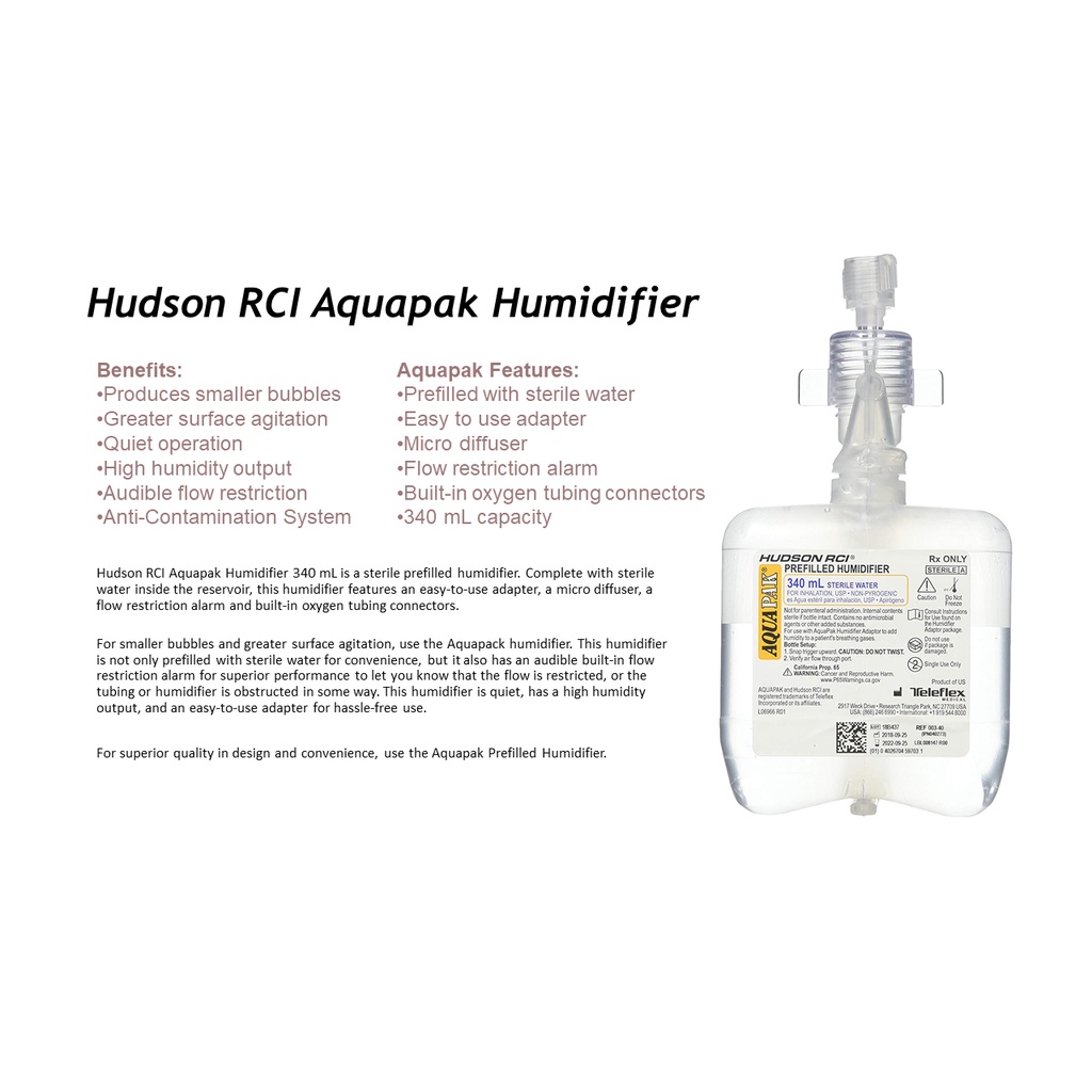 Hudson RCI Aquapak Prefilled Humidifier and Adaptor 340ml Made in USA