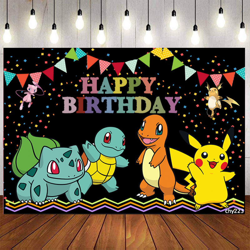 Pokemon Backdrop For Photography Baby Shower Cartoon Pikachu Black ...