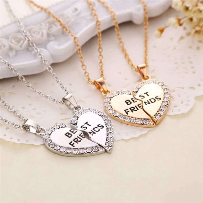 Unisex 2 Pcs BFF Necklace Women Crystal Heart Pendant Best Friend