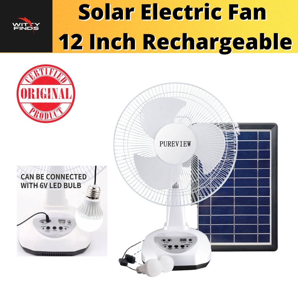 WittyFinds Solar Electric Fan 12 Inch Rechargeable 2LED Lights 220V