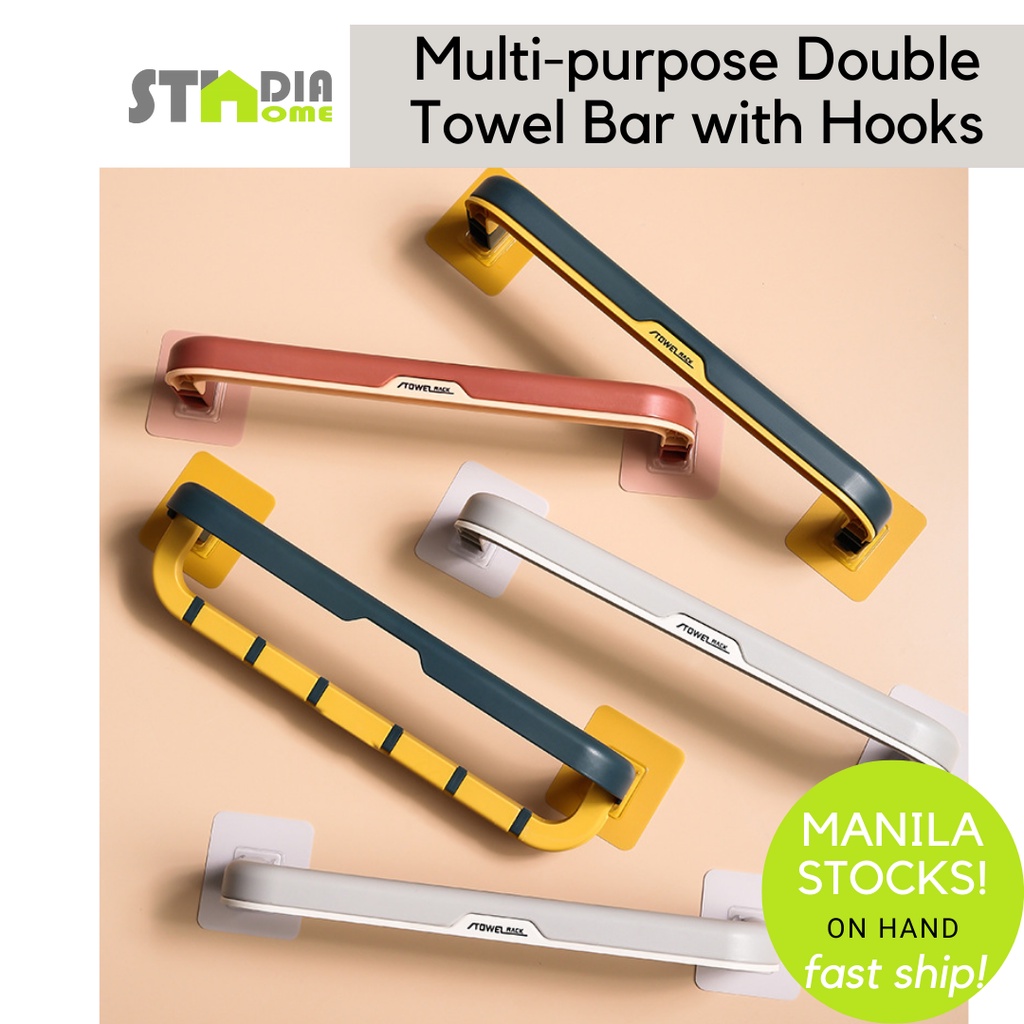 Manila Stock! Multi-purpose Double Layer Towel Bar Rack Holder with Hooks for Kitchen & Bath