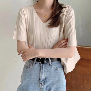 Korean Womens V Neck Loose Candy-Colored Top Short Sleeved Knitted Top