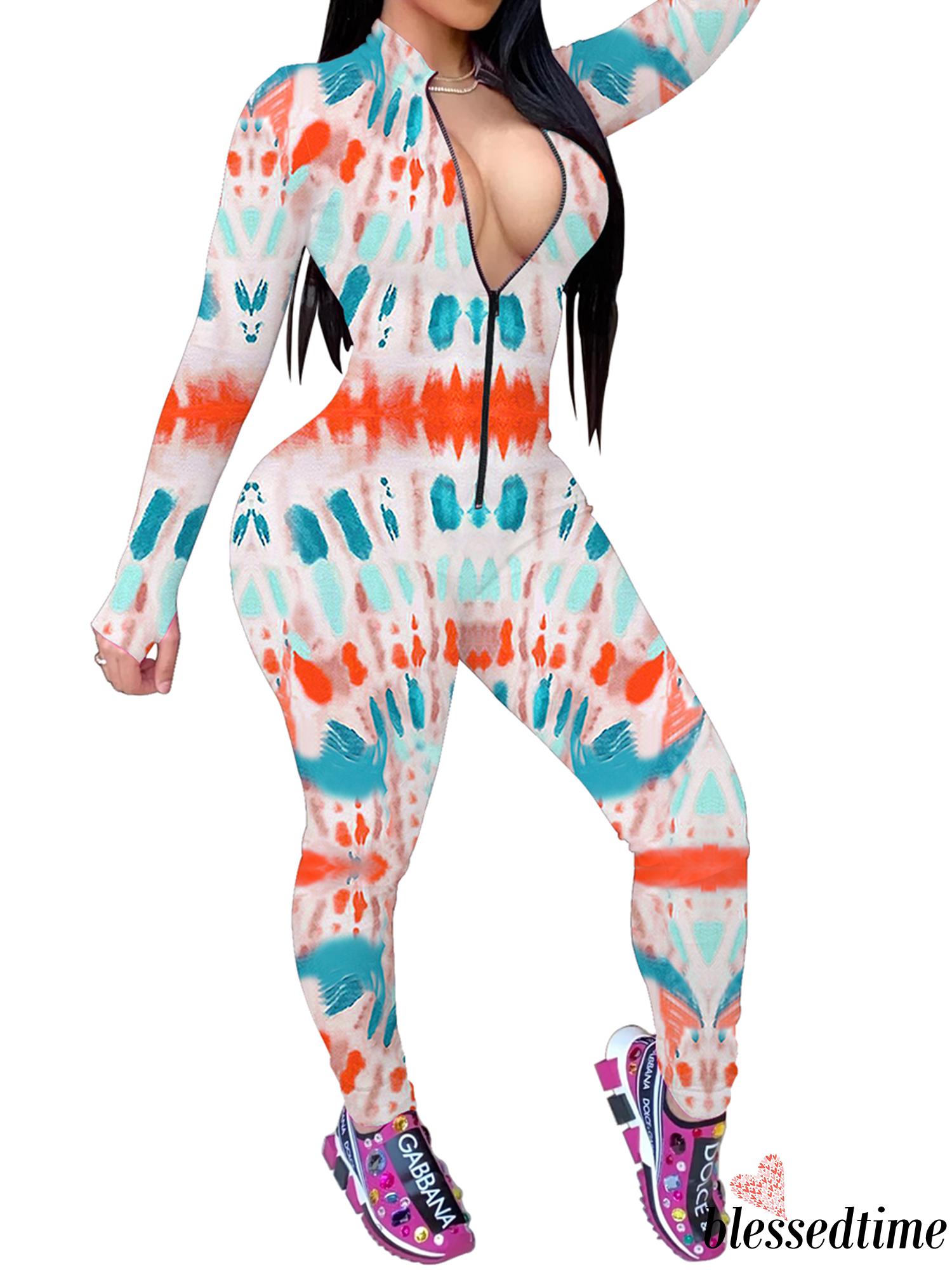 Now Women One Piece Bodycon Jumpsuit Sexy Zip Up V Neck Long Sleeve Tie Dye Print Romper Pants Shopee Philippines