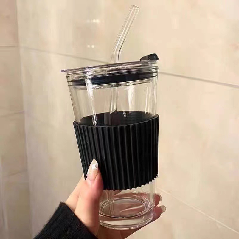 450mL Minimalist Glass Water Tumbler Tumblr Cup with Straw, Lid and