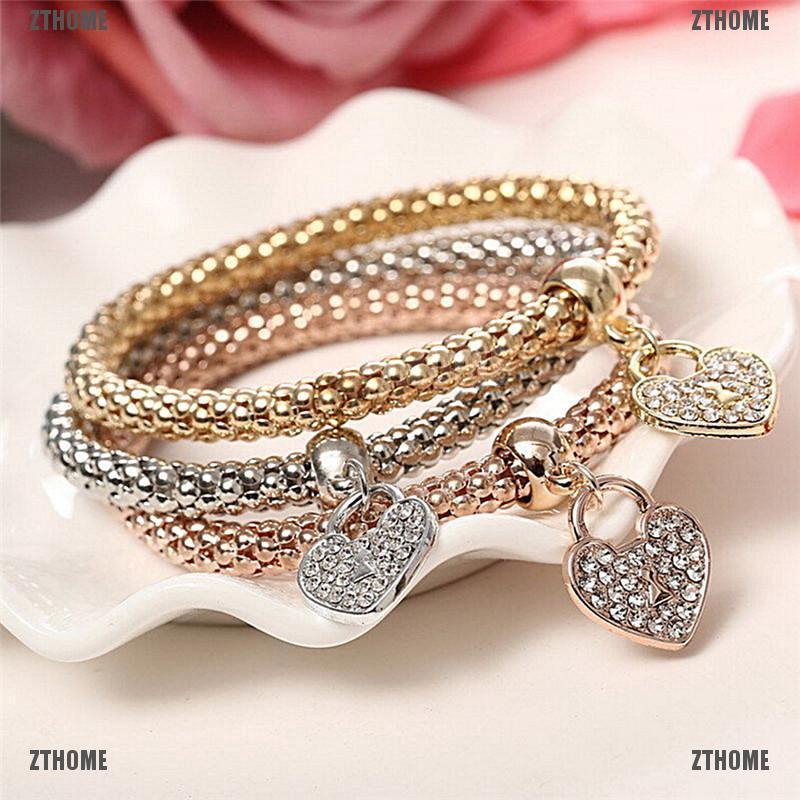 3Pcs/Set Fashion Women Gold Leaf Star Bracelet Crystal Rhinestone Bangle Jewelry