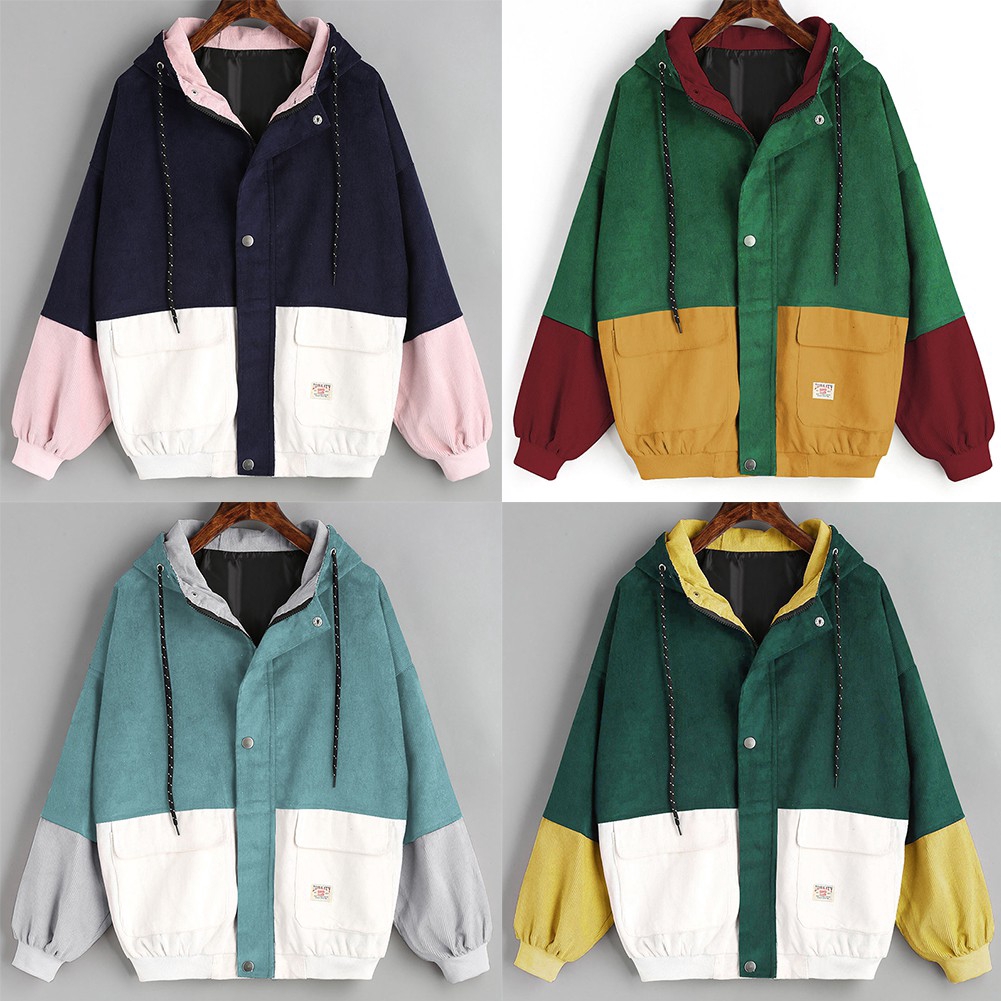 corduroy color block drawstring hooded jacket