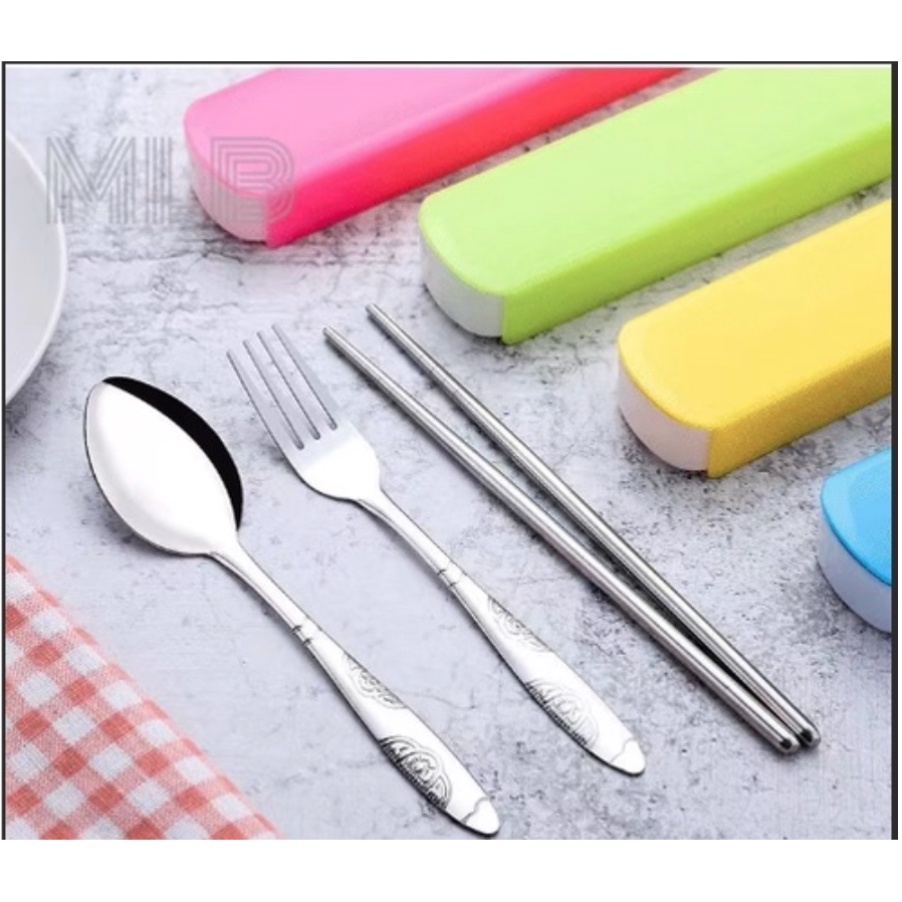 3 in 1 Set Stainless Steel SPOON FORK and CHOPSTICKS set with organizer Dinnerware Shopee