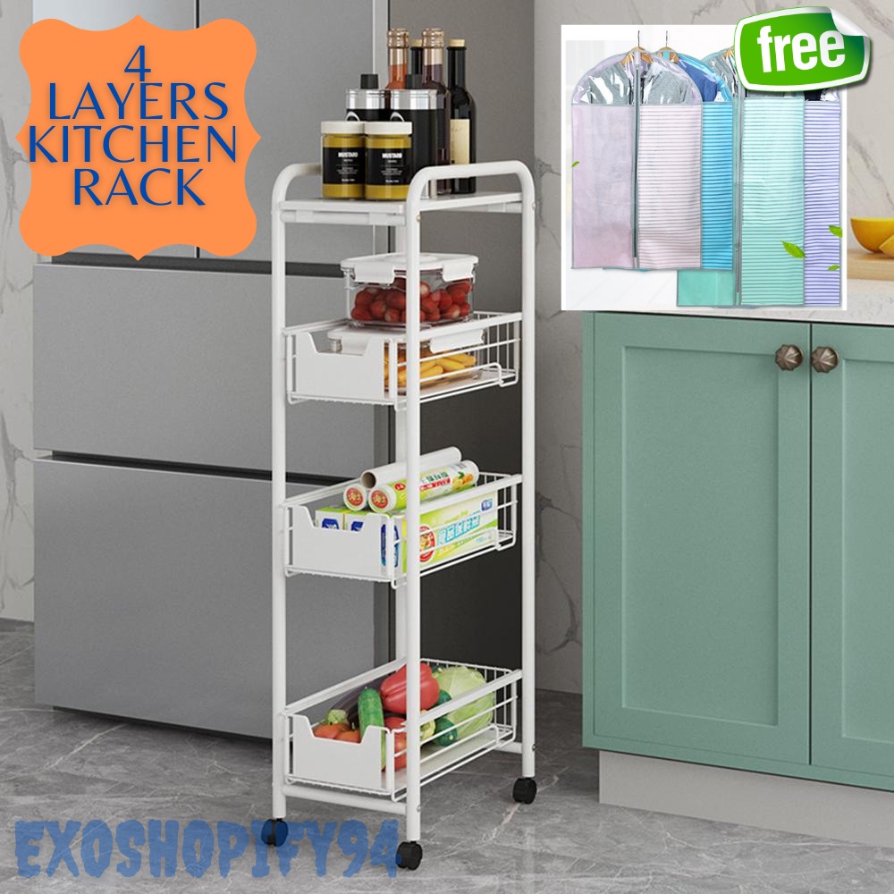 EXO 4 Layer Metal Trolley Kitchen Sliding Drawer Narrow Type Insert to ...