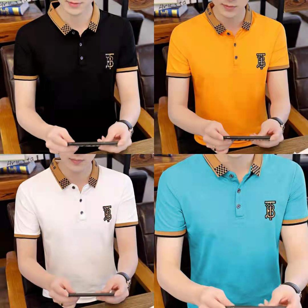 Korean style men's pure cotton trendy slim casual polo shirt tops ...