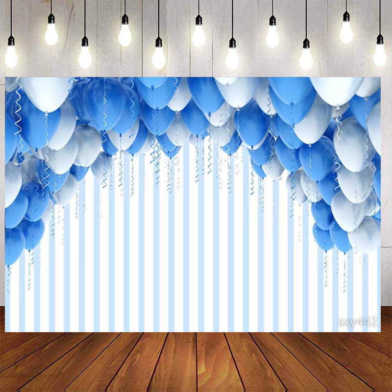 Blue White Balloons Curtain Birthday Backdrop Blue White Stripes