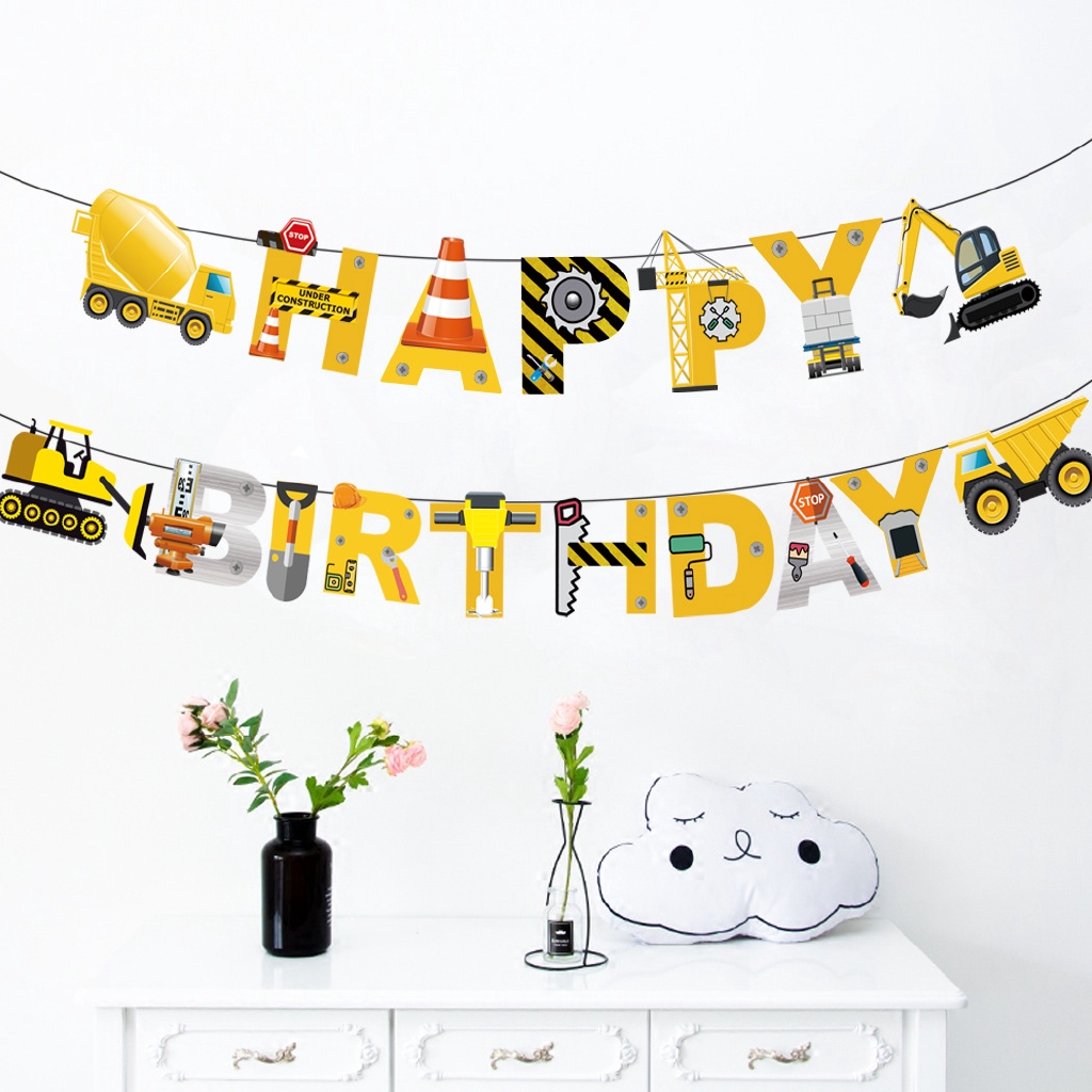 Construction Digger Tractor Blue Children's Birthday Bunting Party Banner 
