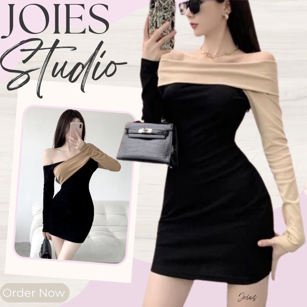 Body Fit Dress With Long Sleeves Off Flat Shoulder Color Mixing Korea