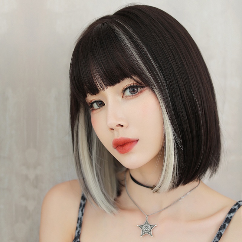 Wig D-123 Women's Short Hair Highlights Full-head Wig Round Face With Bangs  Bobhaircut The length of 33 cm | Shopee Philippines