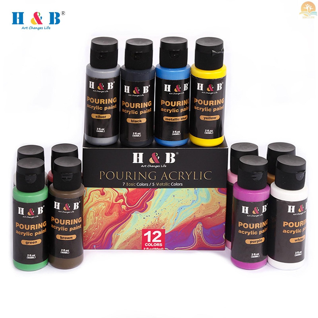 [MMOP] H&B 12 Colors Pouring Acrylic Paint Set 60ml/2 fl.oz Each Bottle Non Toxic Art Paints Supplies for Children Students Beginners Adults Artist Painter Painting on Canvas Paper