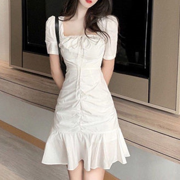 [Huangyoyo]Korean French fold square collar white look thin ruffle ...