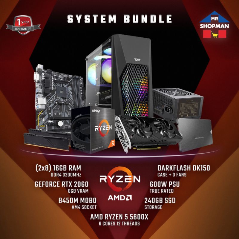 AMD Ryzen 5 5600X w/ GeForce RTX 2060 / RTX 3050 Desktop Computer PC ...