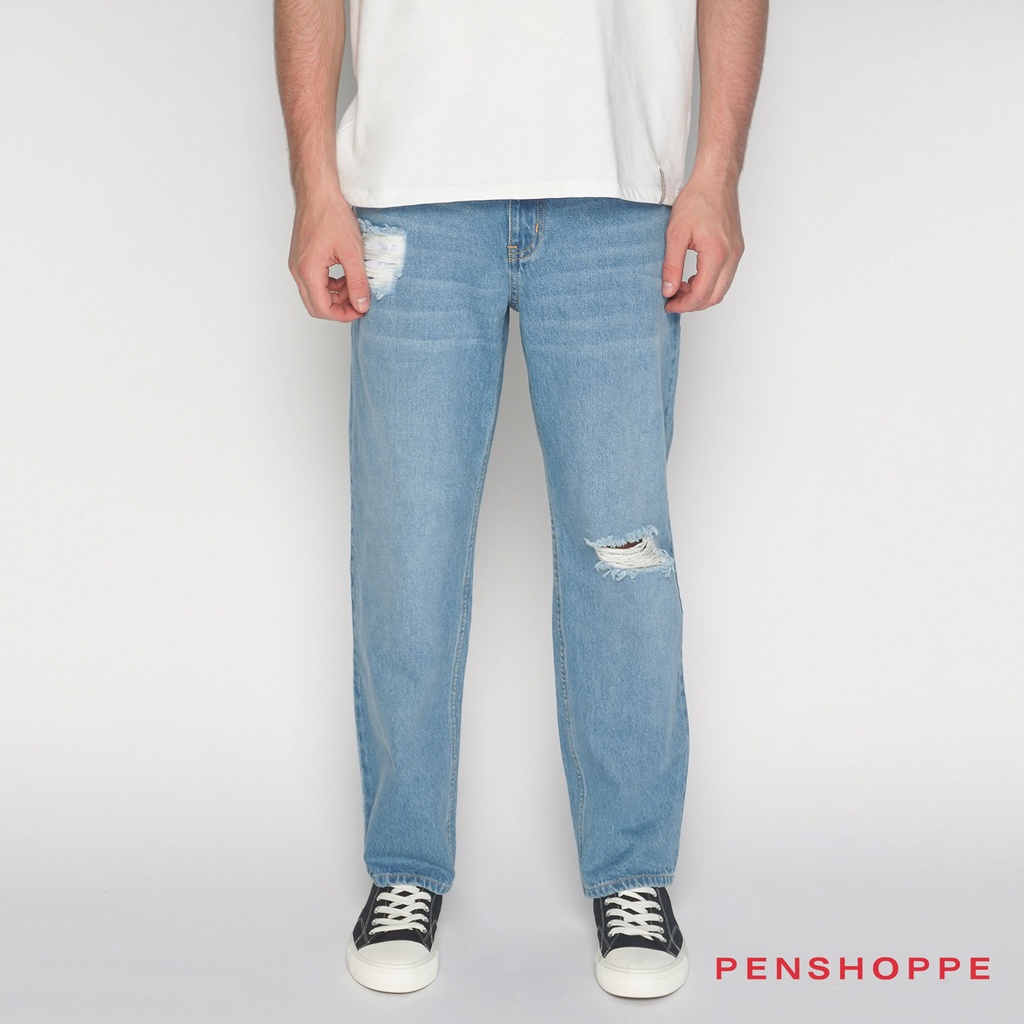 Straight Fit Ripped Jeans For Men (Light Blue) Shopee Philippines