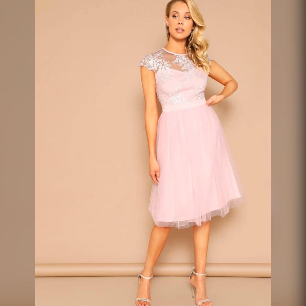 flounce sleeve mesh yoke flare dress