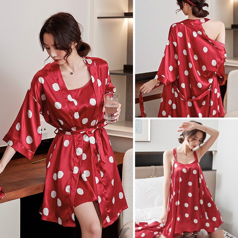 Pijamas Sets Polka  Dot  Dress Satin Pyjamas Baju  Tidur 