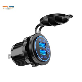 Quick Charge 3.0 Dual USB Car Charger 12V 36W USB Fast Charger with Switch for Boat Motorcycle Truck Golf Cart Blue
