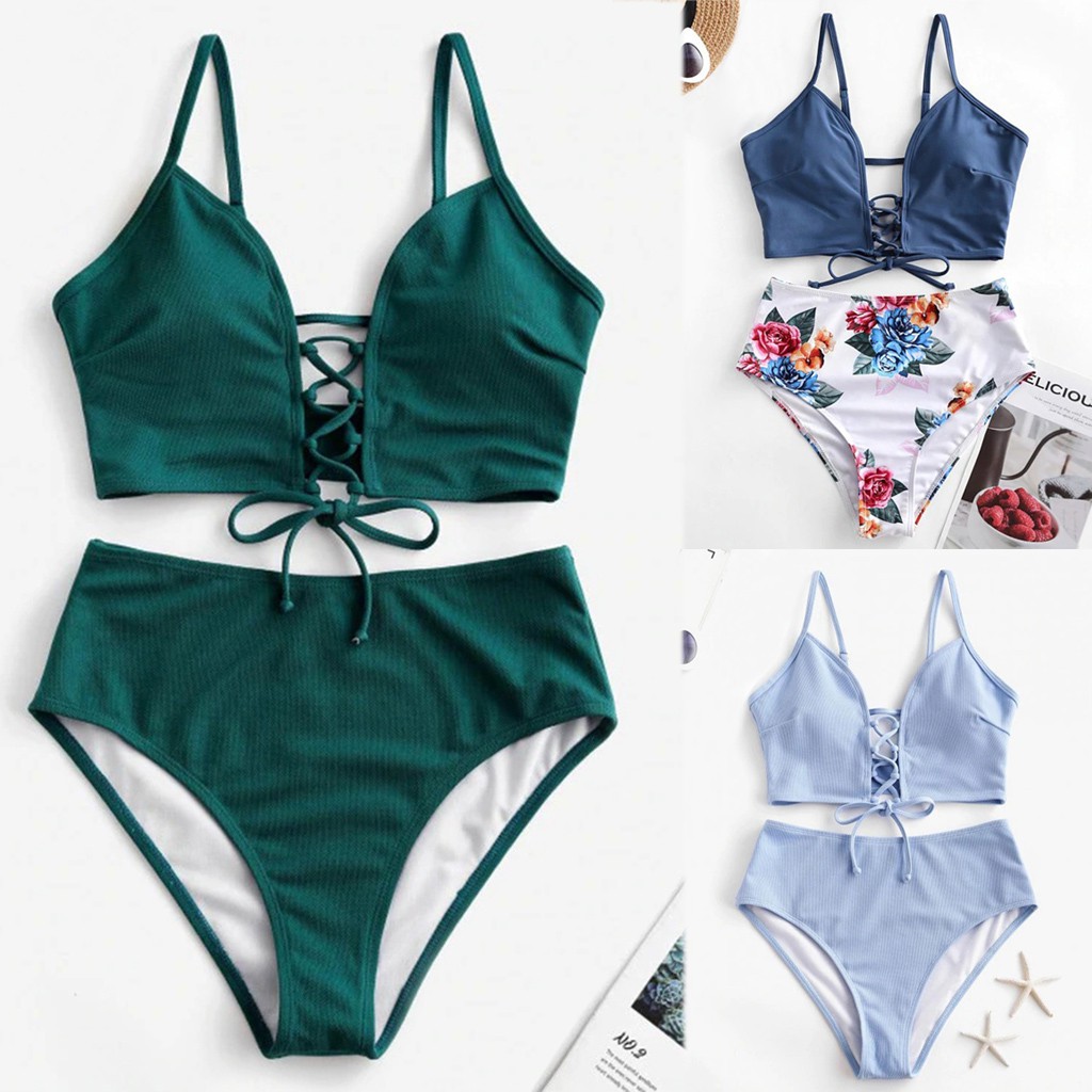 Ladymiss Womens Sexy Bikini Set Two Piece Lace Up Floral Leaf Tankini Swimsuit Shopee 9103