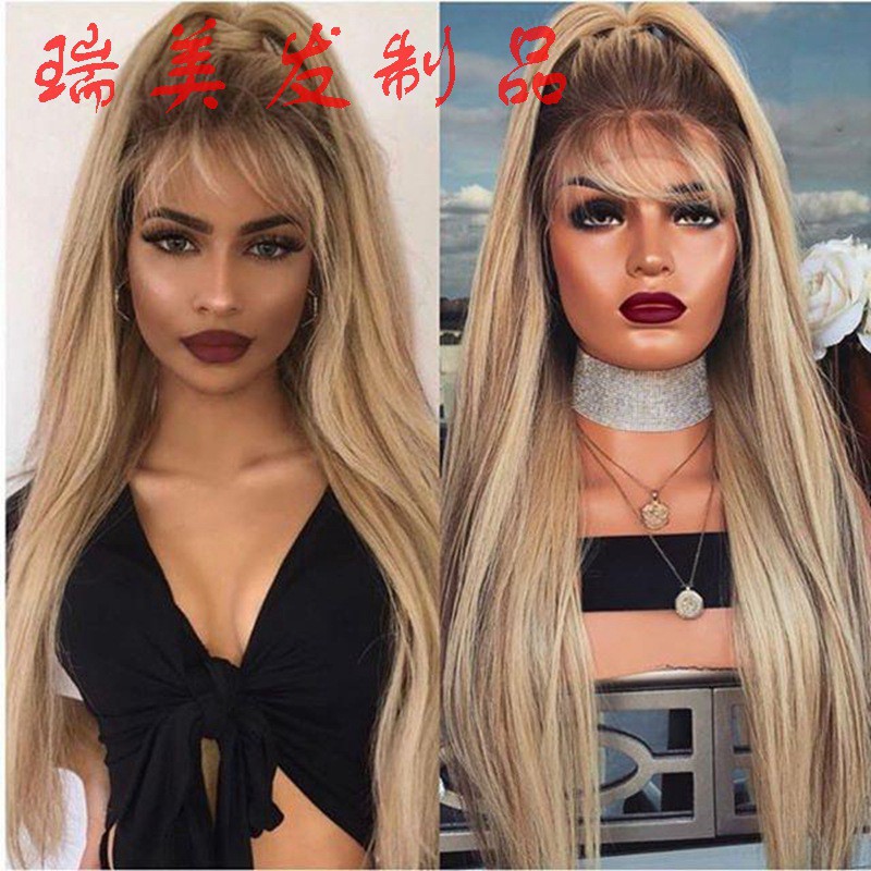 Synthetic Hair Blonde Lace Front Wig Long Straight Wigs Ombre Dark Roots For Women