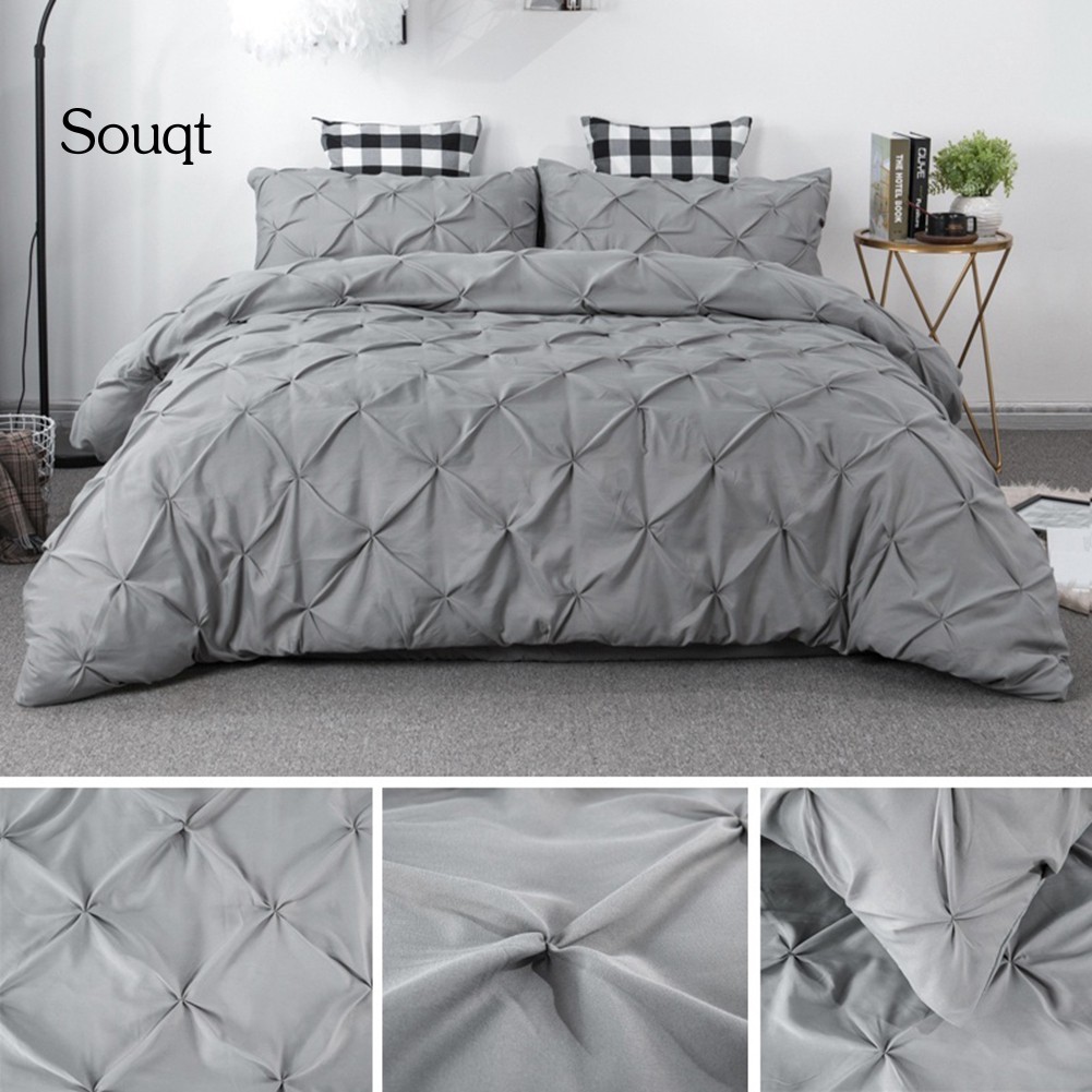 Sq Soft Solid Color Pinch Pleat Duvet Cover Pillow Case Bedclothes